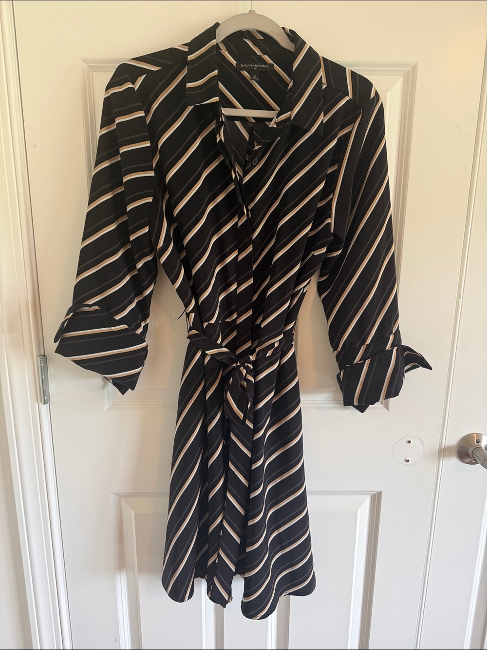 Banana Republic Striped Tie-Waist Shirt Dress - Black & Cream Size 12